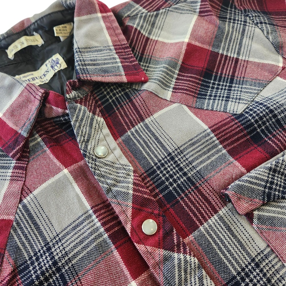 Vintage Roebucks Western Cowboy Plaid Shirt L Gray Red Pearl Snap Long Sleeve